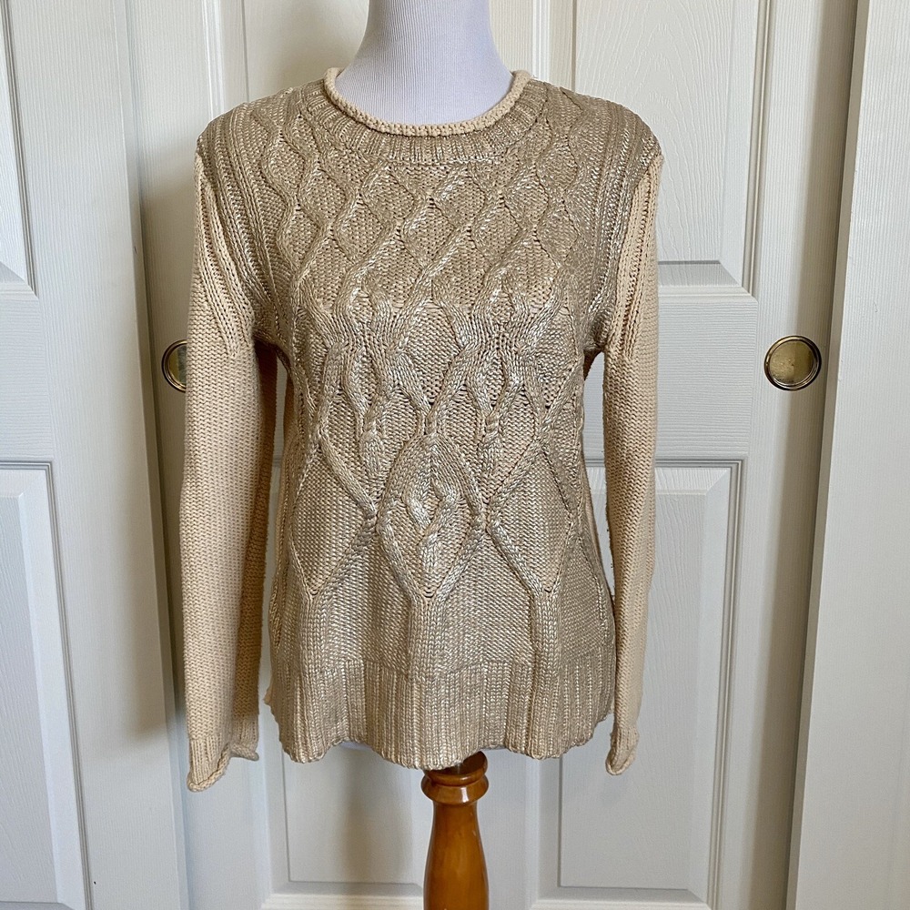 Narciso Rodriguez DesignNation Gold Foil Cable Knit Crewneck Sweater Women Sz L